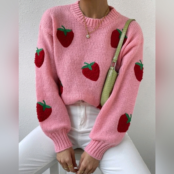 New Girly Chic Strawberry Embroidered Knit Sweater Top Pink Red - Picture 6 of 8